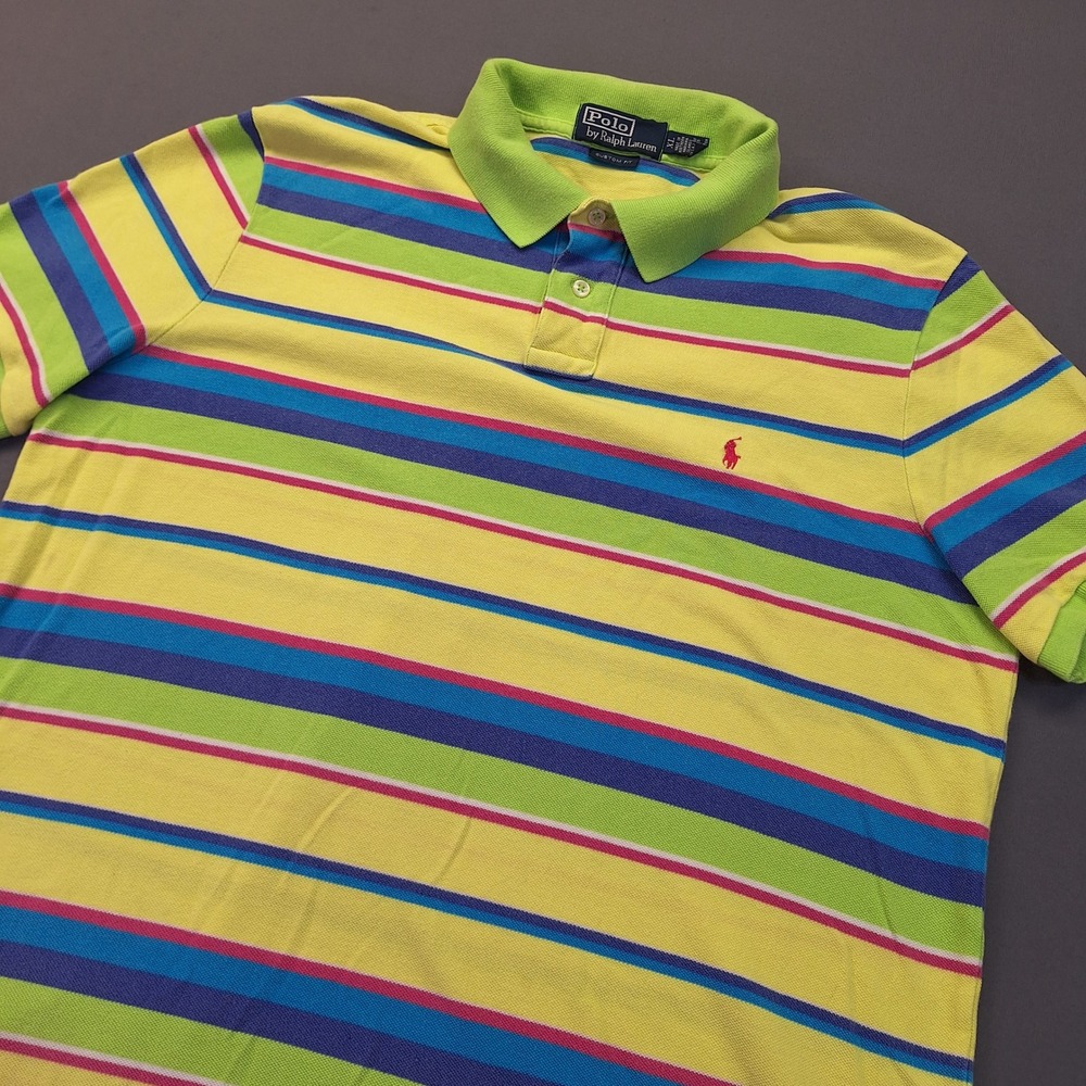 Polo Ralph Lauren Mens XL Custom Fit Striped Polo Shirt Multi Color Yellow Green